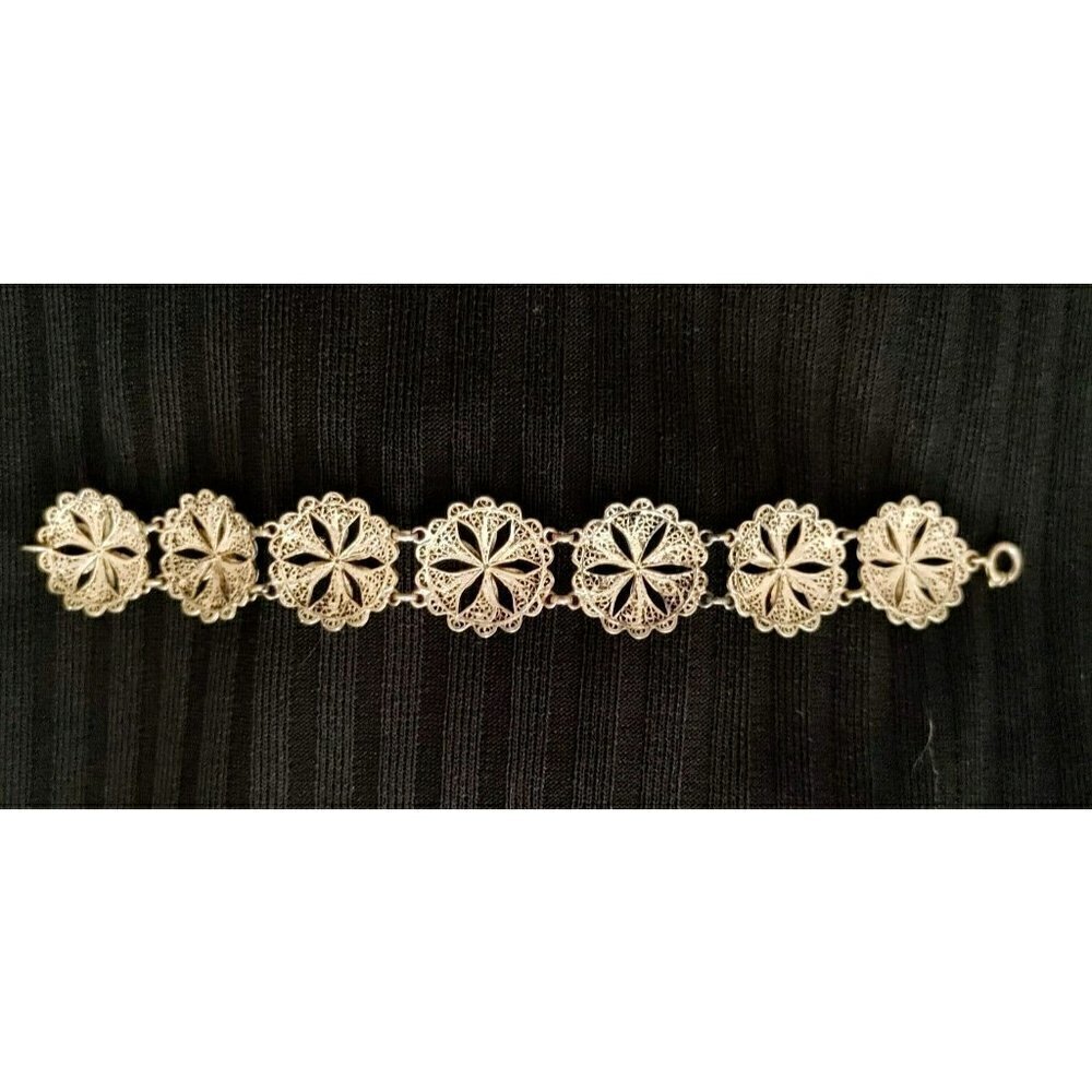 Vintage Floral Filigree Silver Color Link Bracelet 7 1/4"